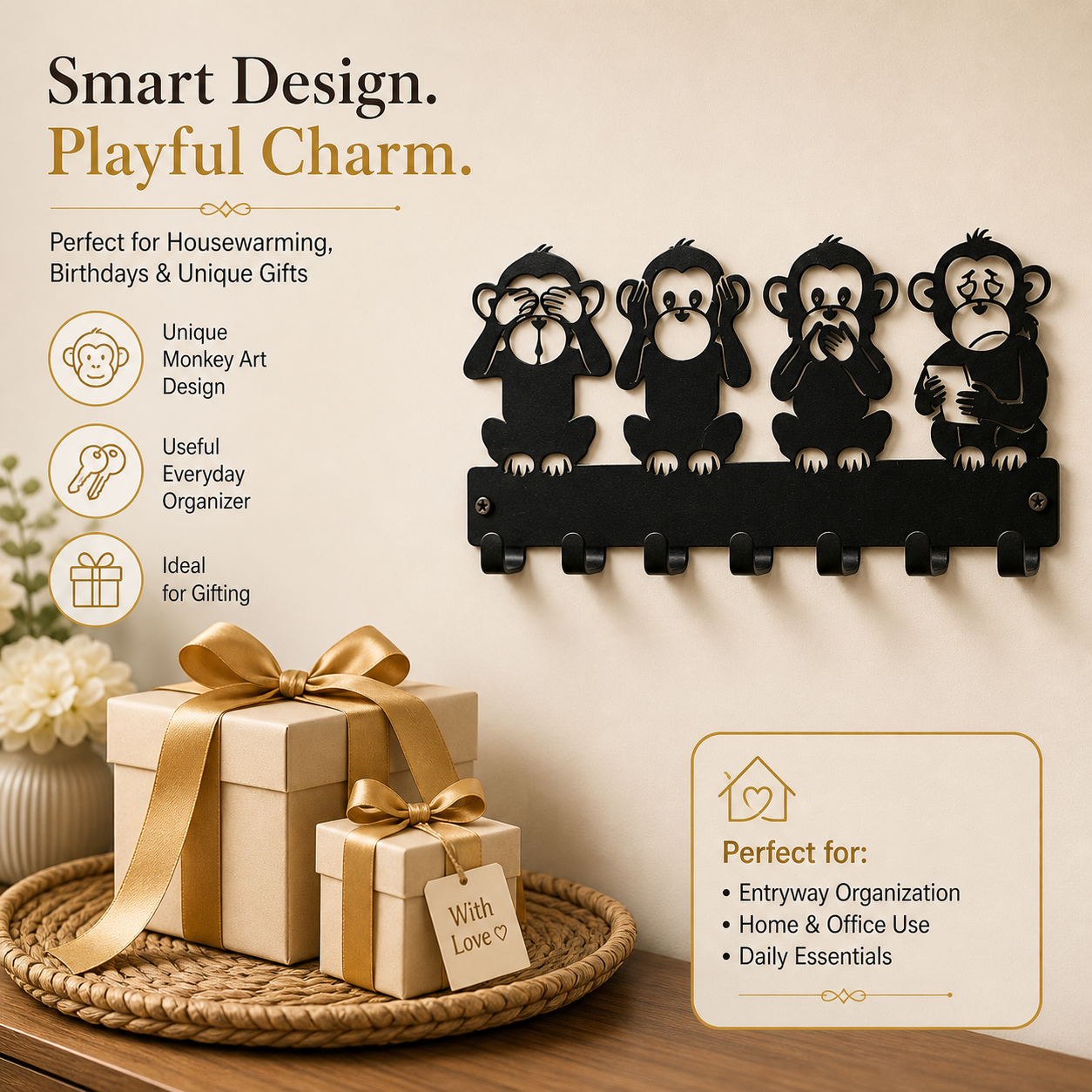 Four Monkeys Design Wall Mounted Key Hanger| Metal Key Holder| 7 Hooks