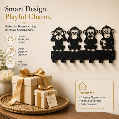 Four Monkeys Design Wall Mounted Key Hanger| Metal Key Holder| 7 Hooks