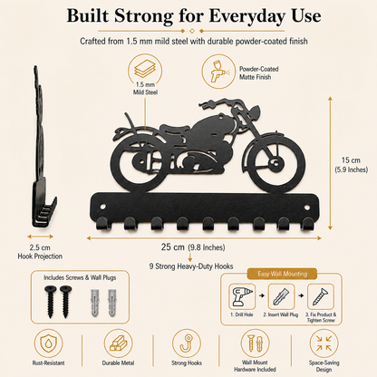 Motorcycle Metal Wall Key Holder | 9 Hooks | Key Hanger Organizer | Home Decor