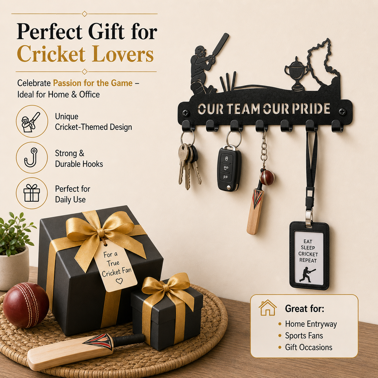 RCB Cricket  Theme | 7 Metal Hooks | Sports Home Decor | Wall Mounted Key Organizer