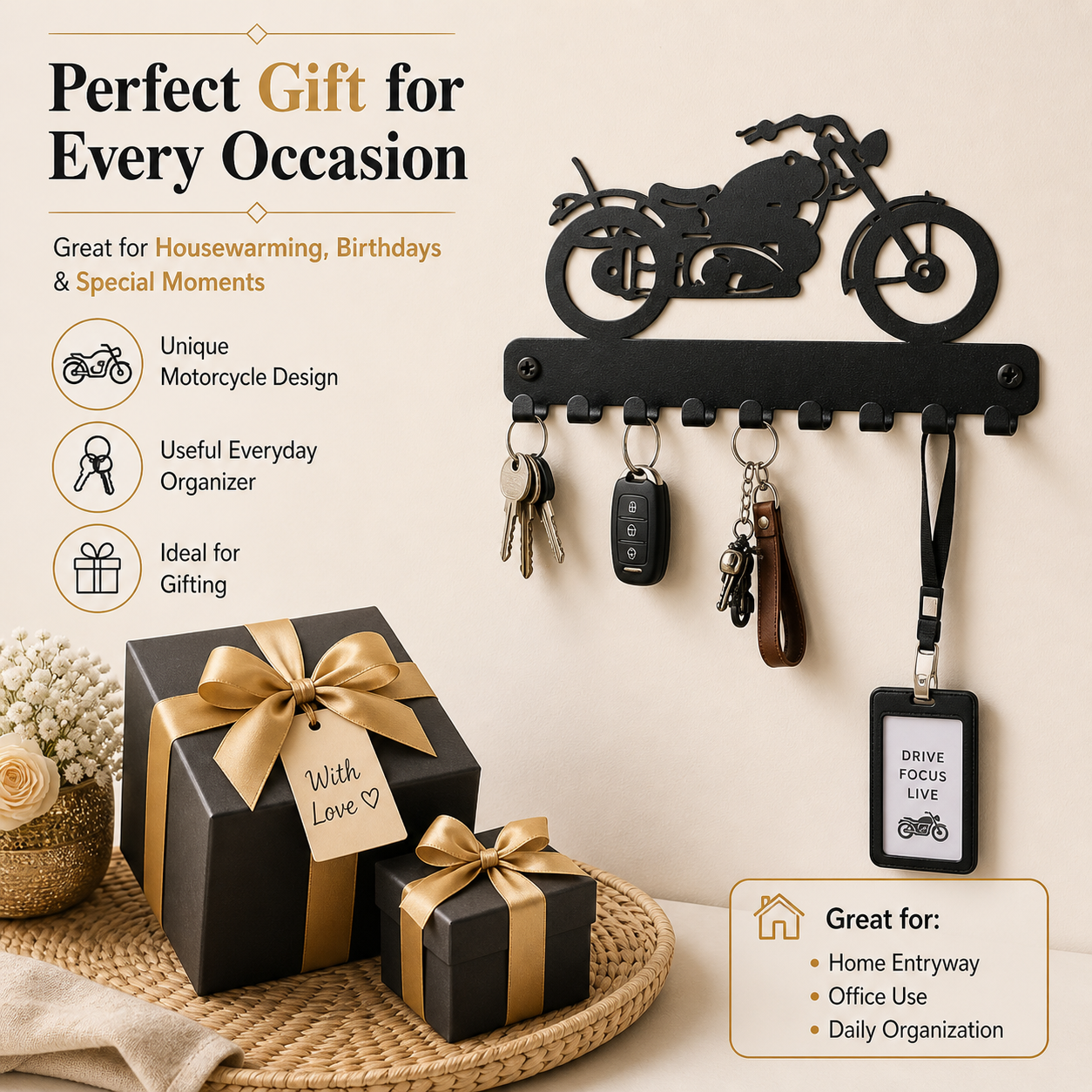 Motorcycle Metal Wall Key Holder | 9 Hooks | Key Hanger Organizer | Home Decor