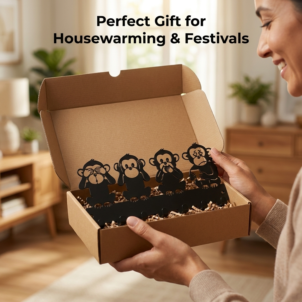 Four Monkeys Design Wall Mounted Key Hanger| Metal Key Holder| 7 Hooks